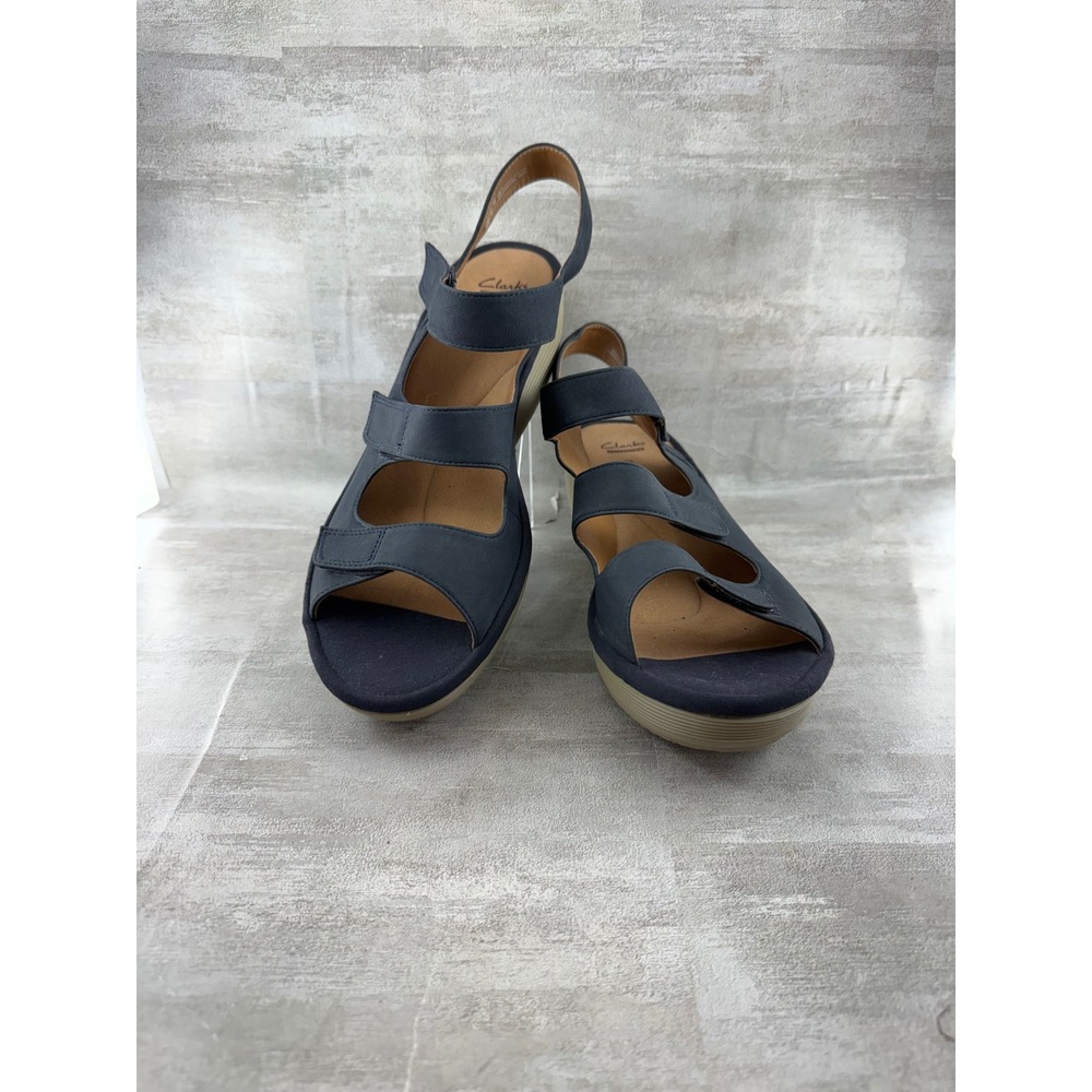 Clarks Arla Glison Navy Blue Wedge Sandals Strappy Comfort Wide Women Sz 12W